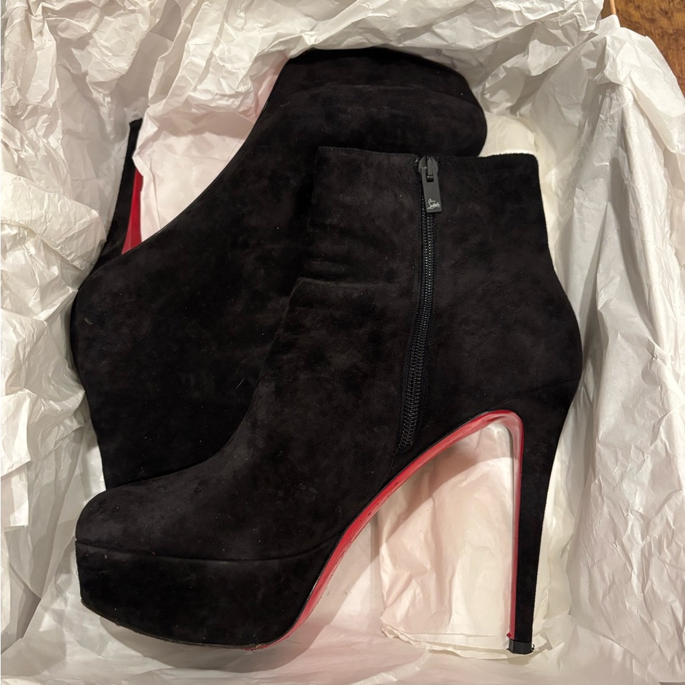Christian Louboutin Black Suede Platform Ankle Booties with Red Sole